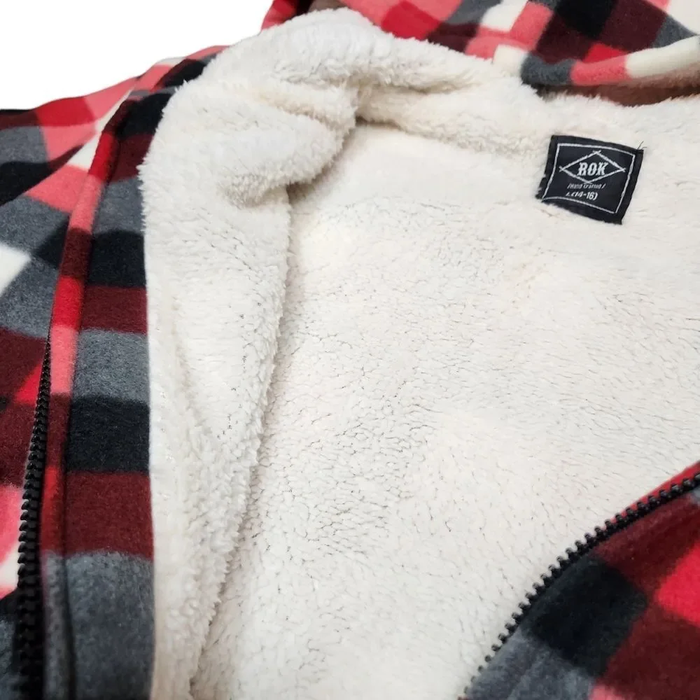 ROK Kid's Fleece Flannel Jacket Buffalo Plaid Heavy Oat Red Black Zip Hood Large